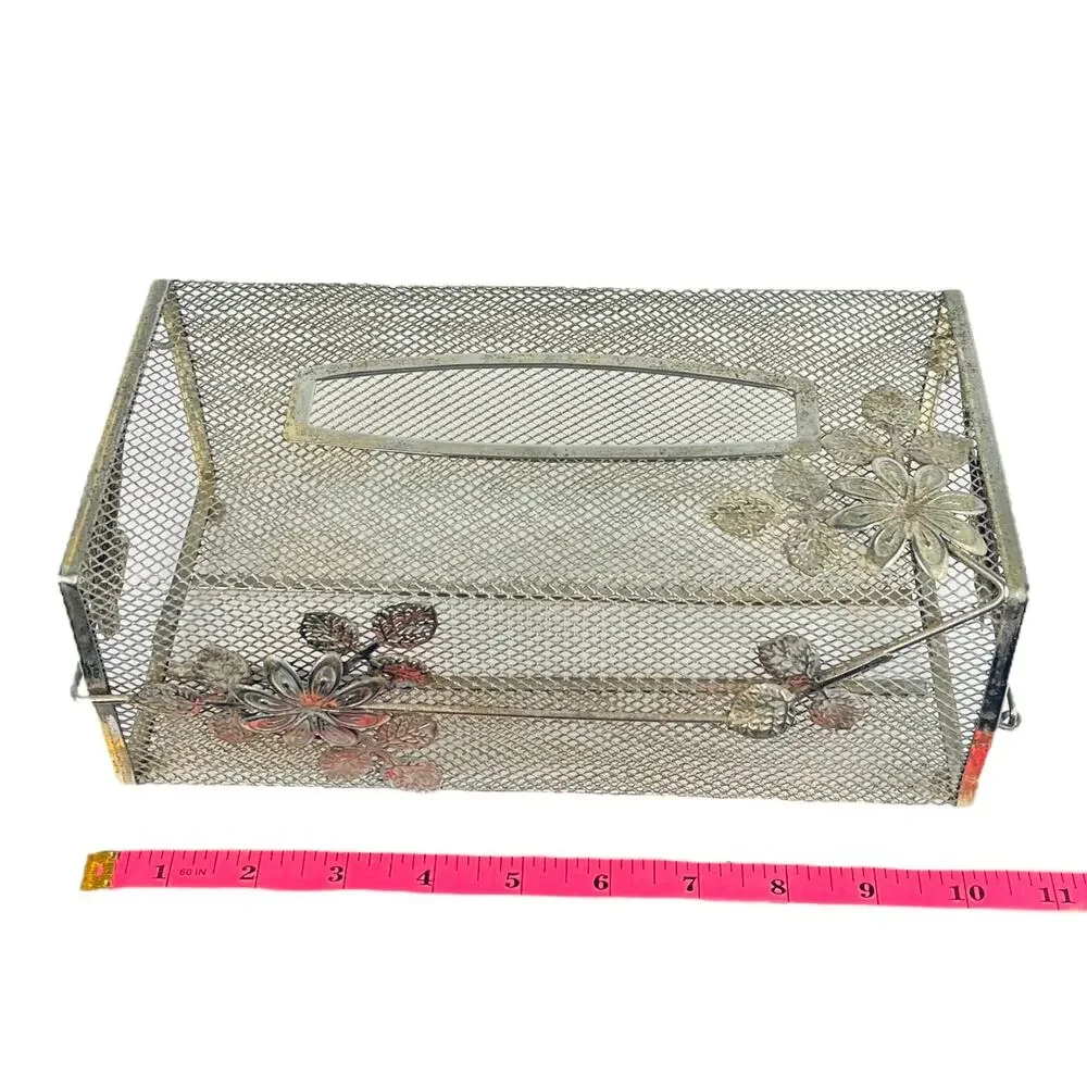 Metal Tissue Box Cover Ball Knob Feet Gold Floral Detail Mcm Mesh Long Box Vtg